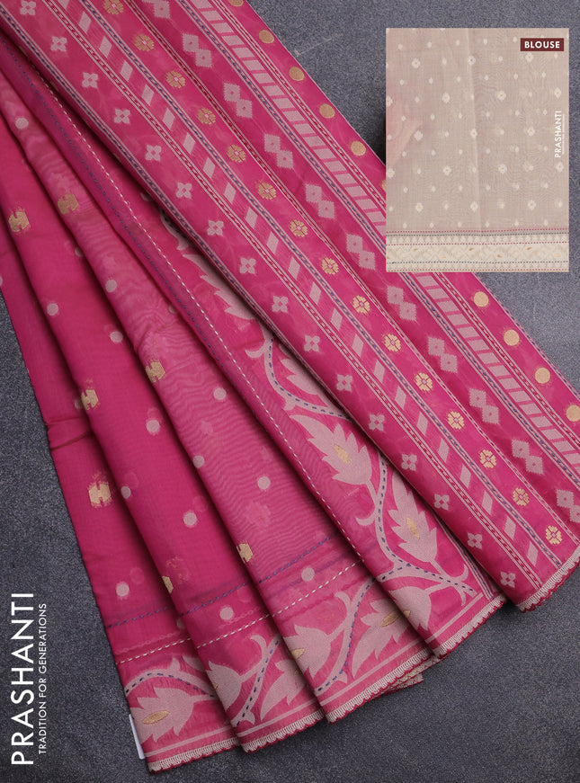 Chanderi silk cotton saree pink and cream with thread & zari woven buttas and jamdhani kantha stitch work border