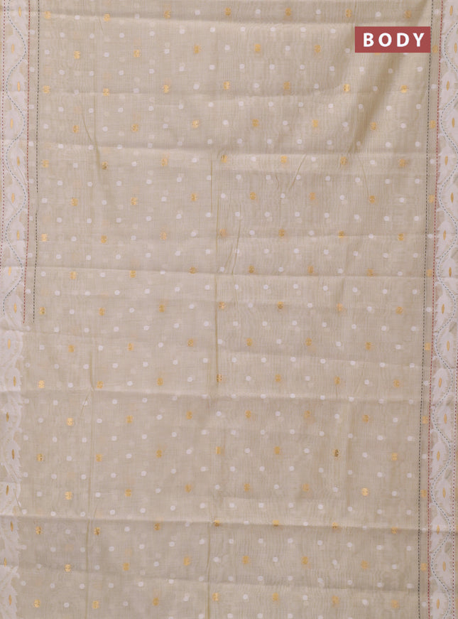 Chanderi silk cotton saree cream and green shade with thread & zari woven buttas and jamdhani kantha stitch work border