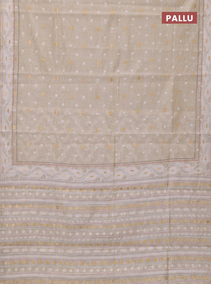 Chanderi silk cotton saree cream and green shade with thread & zari woven buttas and jamdhani kantha stitch work border