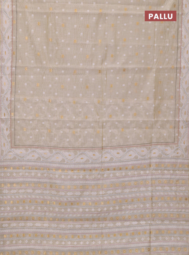 Chanderi silk cotton saree cream and green shade with thread & zari woven buttas and jamdhani kantha stitch work border