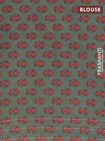 Chanderi silk cotton saree cream and green shade with thread & zari woven buttas and jamdhani kantha stitch work border