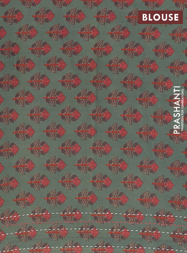 Chanderi silk cotton saree cream and green shade with thread & zari woven buttas and jamdhani kantha stitch work border