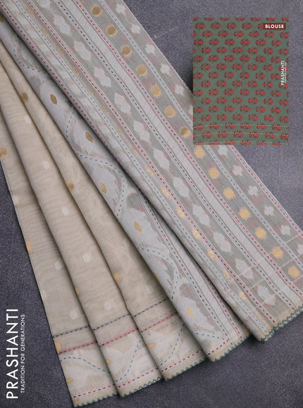 Chanderi silk cotton saree cream and green shade with thread & zari woven buttas and jamdhani kantha stitch work border