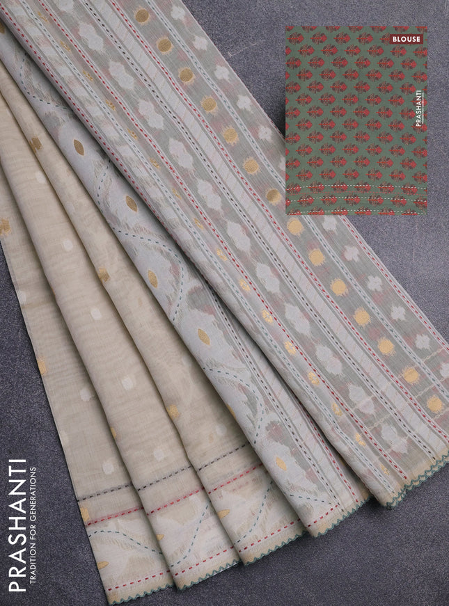 Chanderi silk cotton saree cream and green shade with thread & zari woven buttas and jamdhani kantha stitch work border