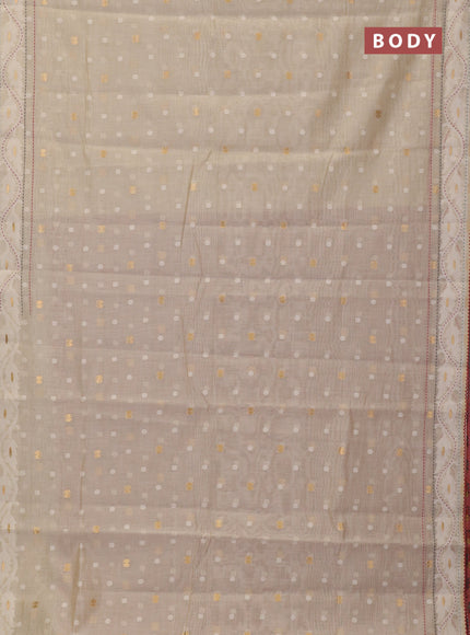 Chanderi silk cotton saree cream and maroon shade with thread & zari woven buttas and jamdhani kantha stitch work border