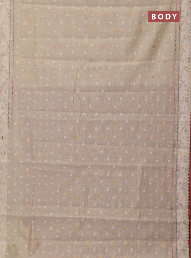 Chanderi silk cotton saree cream and maroon shade with thread & zari woven buttas and jamdhani kantha stitch work border