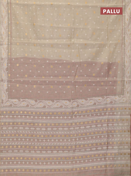 Chanderi silk cotton saree cream and maroon shade with thread & zari woven buttas and jamdhani kantha stitch work border