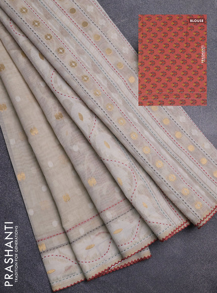 Chanderi silk cotton saree cream and maroon shade with thread & zari woven buttas and jamdhani kantha stitch work border