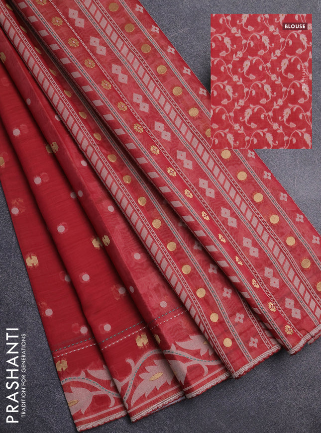 Chanderi silk cotton saree maroon and cream with thread & zari woven buttas and jamdhani kantha stitch work border