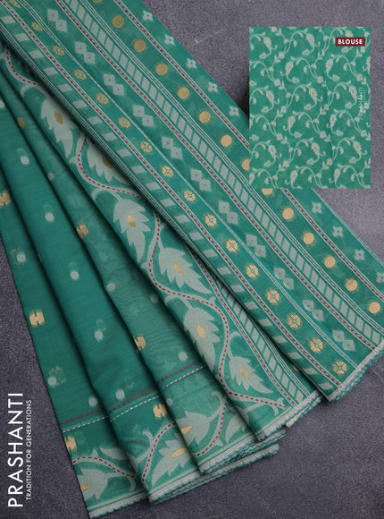 Chanderi silk cotton saree green shade and cream with thread & zari woven buttas and jamdhani kantha stitch work border