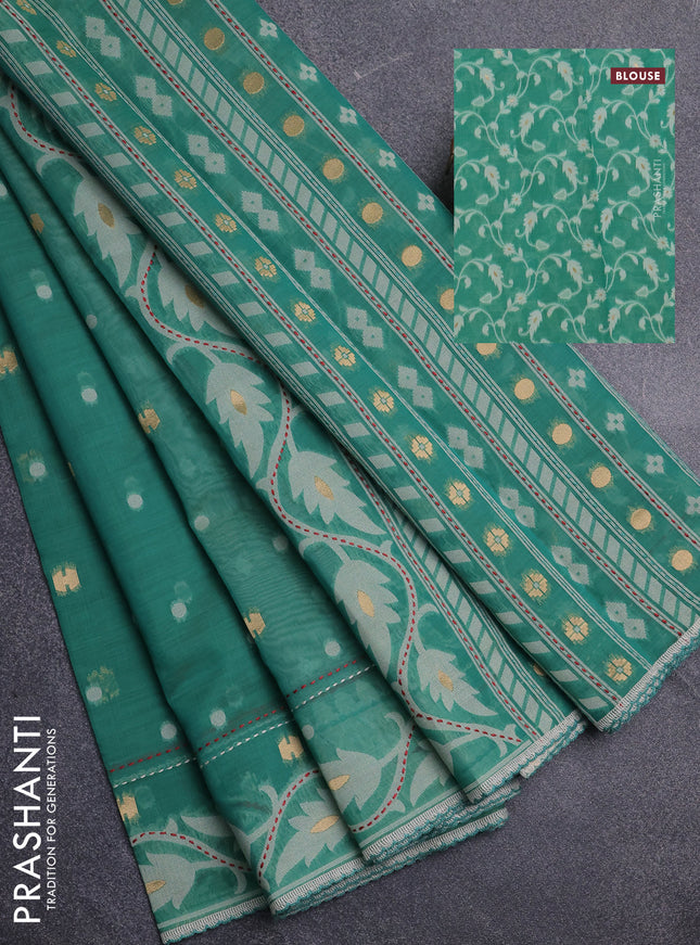 Chanderi silk cotton saree green shade and cream with thread & zari woven buttas and jamdhani kantha stitch work border