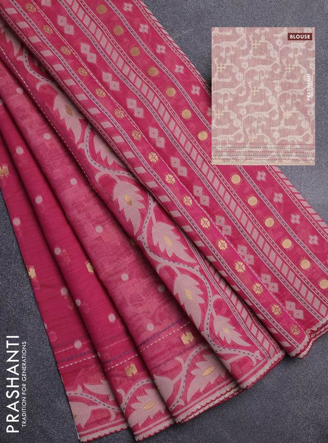 Chanderi silk cotton saree pink and cream with thread & zari woven buttas and jamdhani kantha stitch work border
