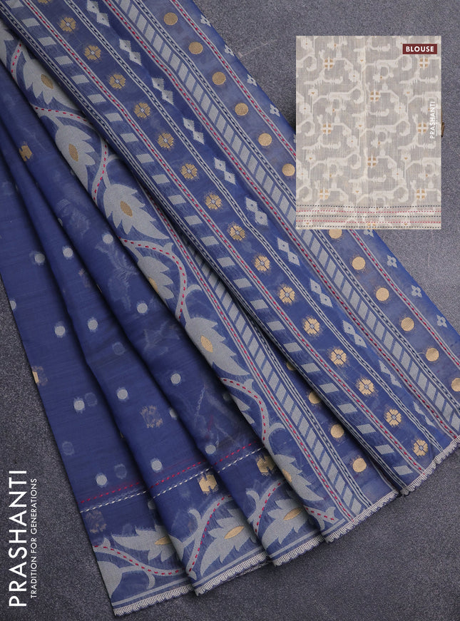 Chanderi silk cotton saree grey and cream with thread & zari woven buttas and jamdhani kantha stitch work border
