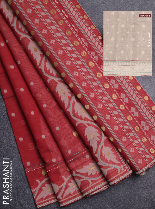 Chanderi silk cotton saree maroon and cream with thread & zari woven buttas and jamdhani kantha stitch work border
