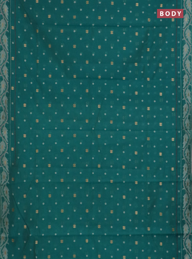 Chanderi silk cotton saree teal green shade and cream with thread & zari woven buttas and jamdhani kantha stitch work border
