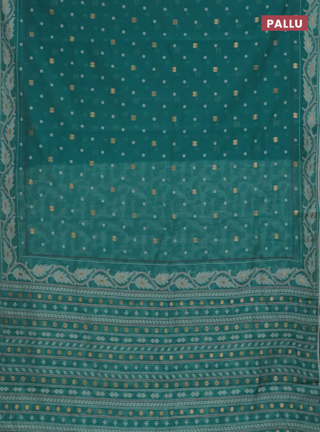 Chanderi silk cotton saree teal green shade and cream with thread & zari woven buttas and jamdhani kantha stitch work border