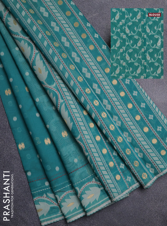 Chanderi silk cotton saree teal green shade and cream with thread & zari woven buttas and jamdhani kantha stitch work border