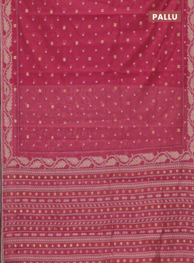 Chanderi silk cotton saree pink and cream with thread & zari woven buttas and jamdhani kantha stitch work border