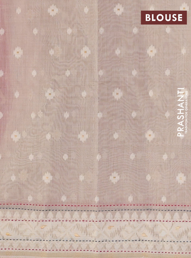 Chanderi silk cotton saree pink and cream with thread & zari woven buttas and jamdhani kantha stitch work border
