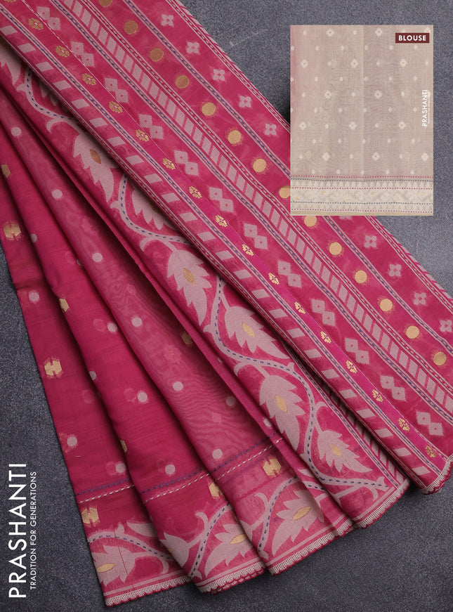 Chanderi silk cotton saree pink and cream with thread & zari woven buttas and jamdhani kantha stitch work border