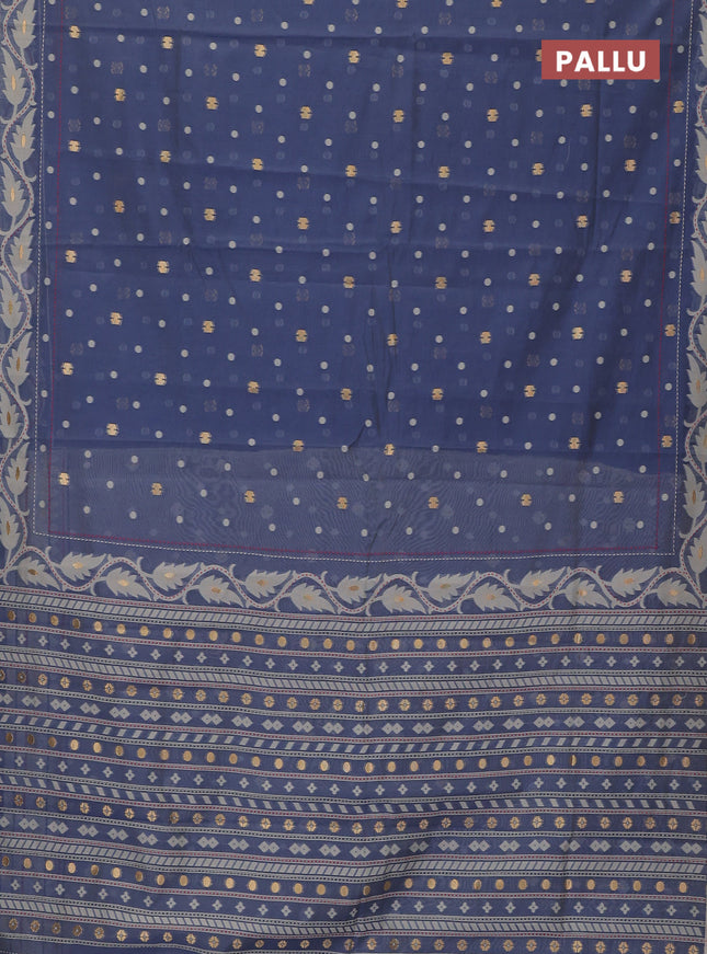 Chanderi silk cotton saree bluish grey and cream with thread & zari woven buttas and jamdhani kantha stitch work border