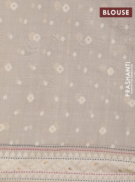 Chanderi silk cotton saree bluish grey and cream with thread & zari woven buttas and jamdhani kantha stitch work border