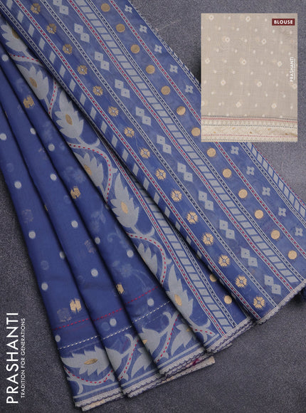 Chanderi silk cotton saree bluish grey and cream with thread & zari woven buttas and jamdhani kantha stitch work border