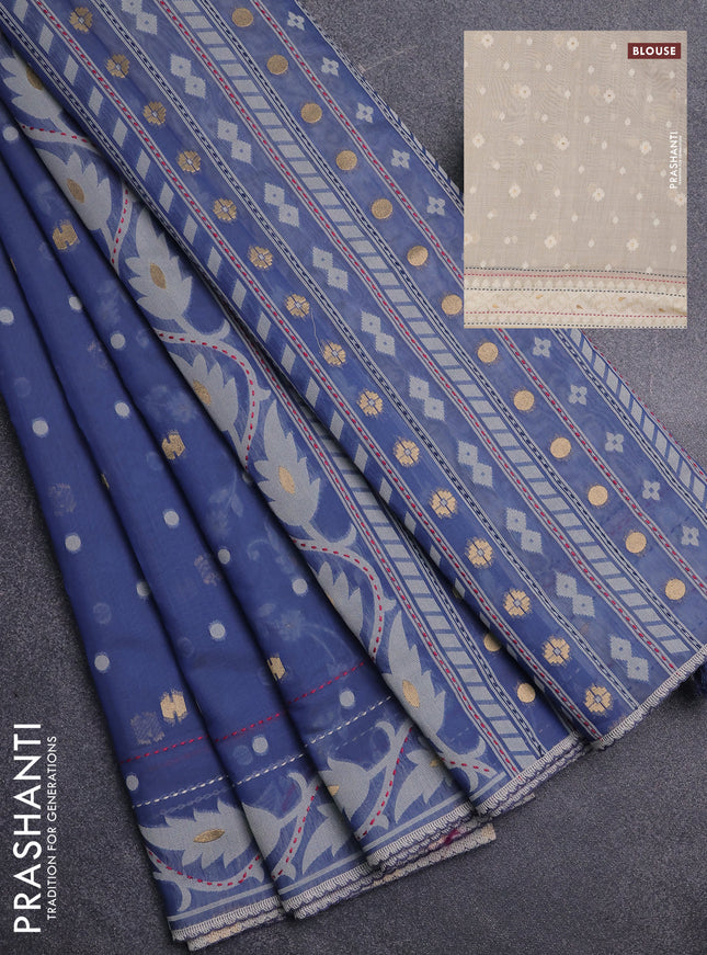 Chanderi silk cotton saree bluish grey and cream with thread & zari woven buttas and jamdhani kantha stitch work border