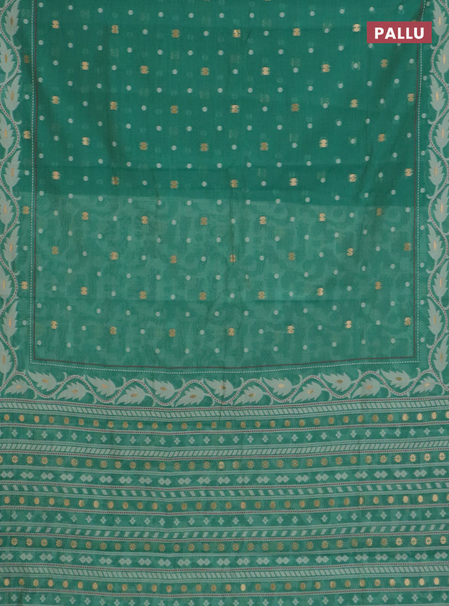 Chanderi silk cotton saree green shade and cream with thread & zari woven buttas and jamdhani kantha stitch work border