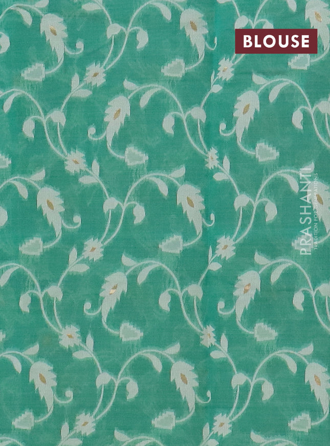 Chanderi silk cotton saree green shade and cream with thread & zari woven buttas and jamdhani kantha stitch work border