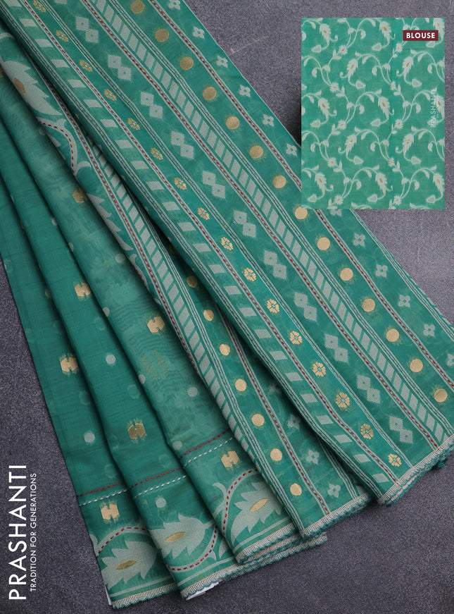 Chanderi silk cotton saree green shade and cream with thread & zari woven buttas and jamdhani kantha stitch work border