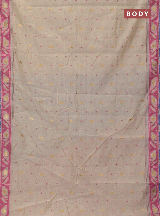 Chanderi silk cotton saree cream and blue with allover thread & zari woven buttas and jamdhani kantha stitch work border