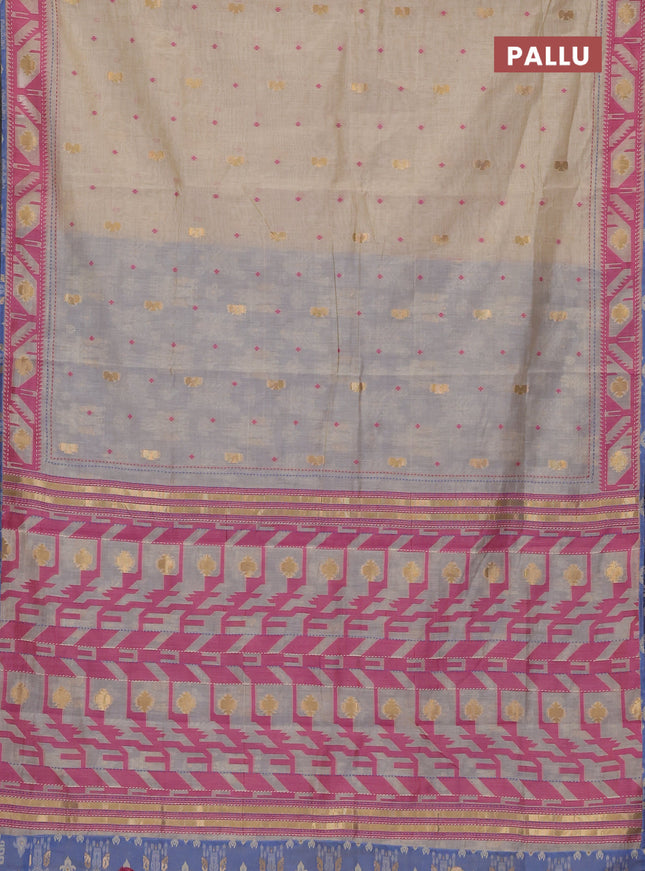 Chanderi silk cotton saree cream and blue with allover thread & zari woven buttas and jamdhani kantha stitch work border