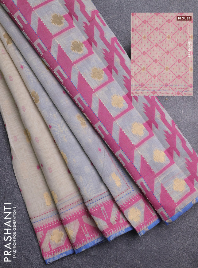 Chanderi silk cotton saree cream and blue with allover thread & zari woven buttas and jamdhani kantha stitch work border