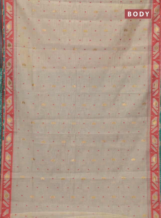 Chanderi silk cotton saree cream and teal green shade with allover thread & zari woven buttas and jamdhani kantha stitch work border