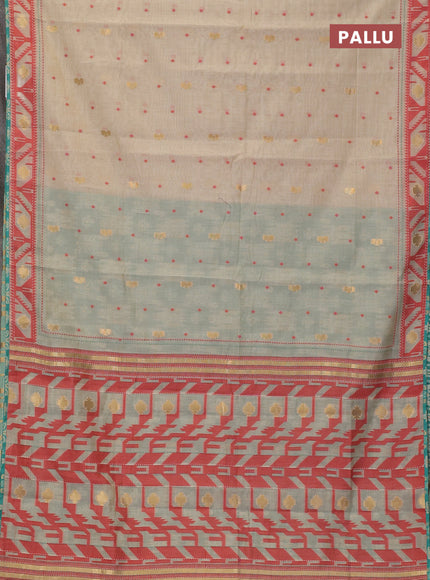 Chanderi silk cotton saree cream and teal green shade with allover thread & zari woven buttas and jamdhani kantha stitch work border