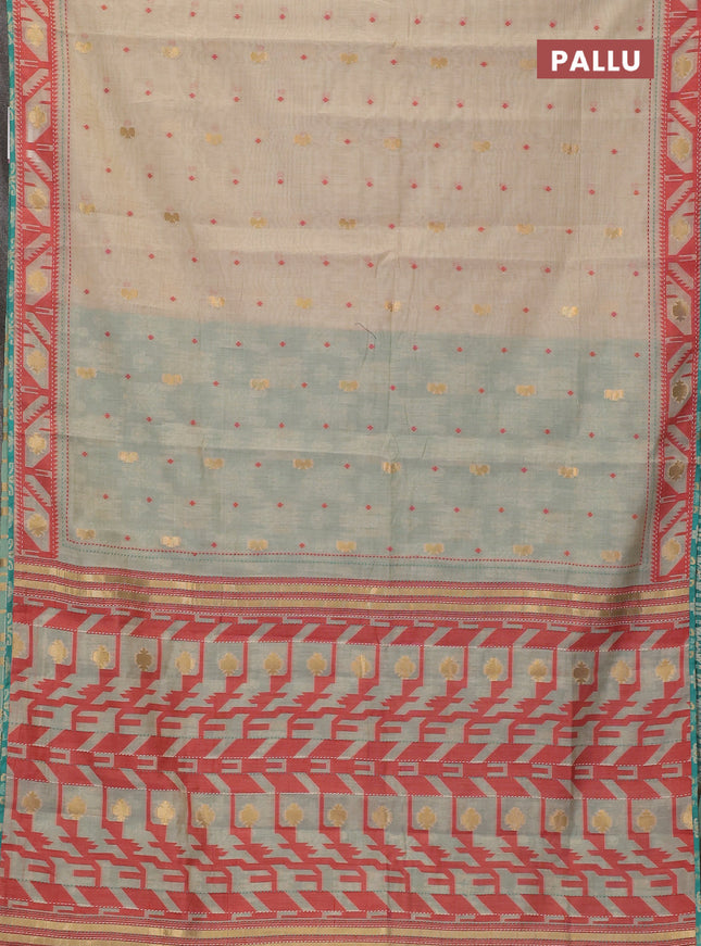 Chanderi silk cotton saree cream and teal green shade with allover thread & zari woven buttas and jamdhani kantha stitch work border