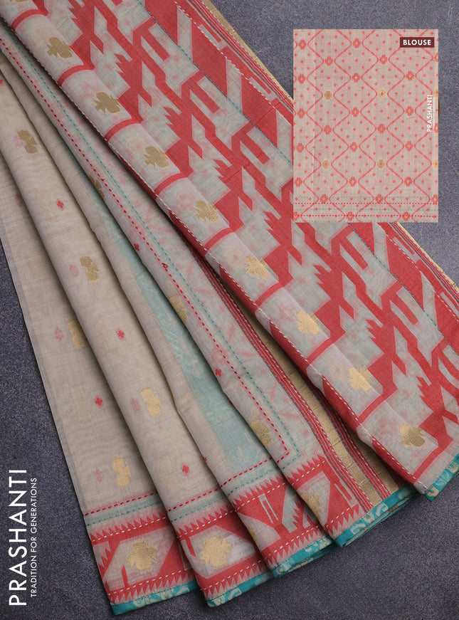 Chanderi silk cotton saree cream and teal green shade with allover thread & zari woven buttas and jamdhani kantha stitch work border