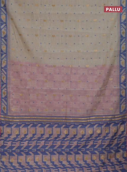 Chanderi silk cotton saree cream and pink with allover thread & zari woven buttas and jamdhani kantha stitch work border
