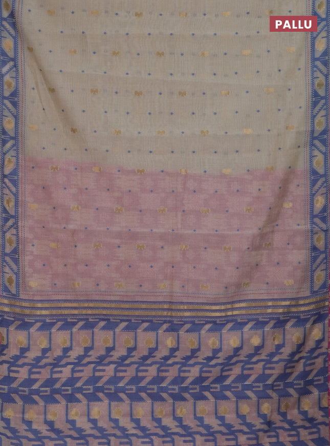 Chanderi silk cotton saree cream and pink with allover thread & zari woven buttas and jamdhani kantha stitch work border