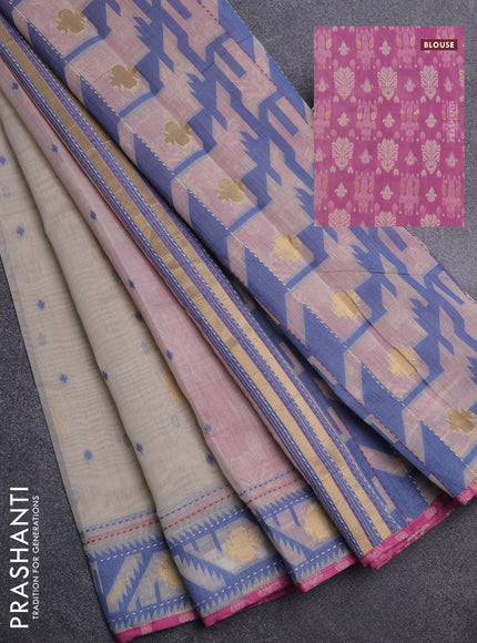 Chanderi silk cotton saree cream and pink with allover thread & zari woven buttas and jamdhani kantha stitch work border