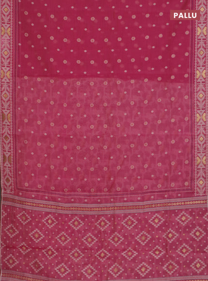 Chanderi silk cotton saree pink and cream with allover thread & zari woven buttas and jamdhani kantha stitch work border