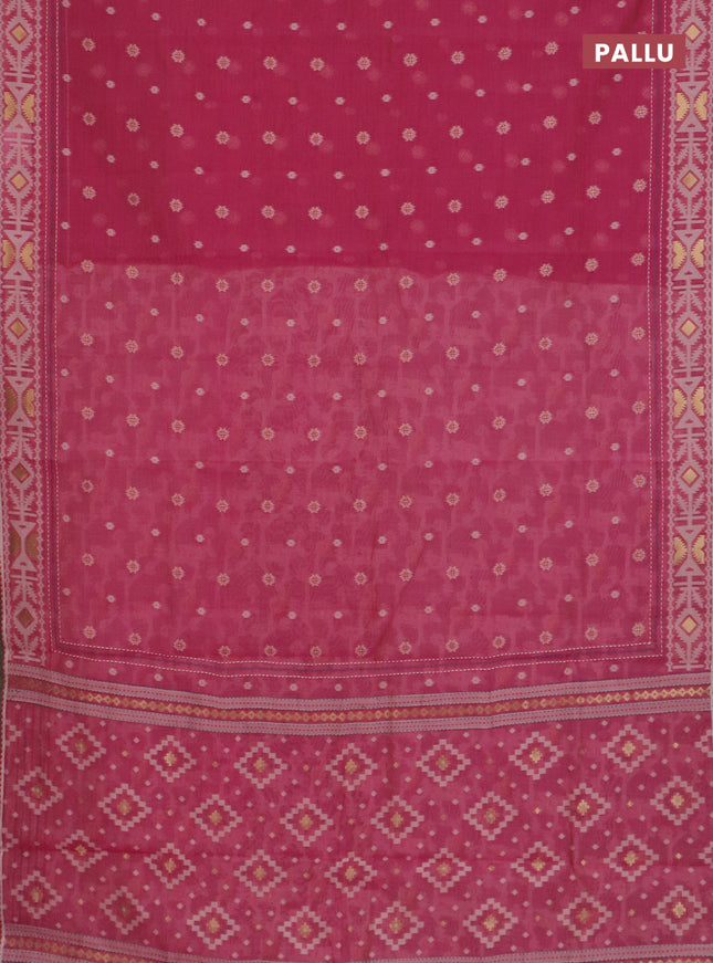 Chanderi silk cotton saree pink and cream with allover thread & zari woven buttas and jamdhani kantha stitch work border
