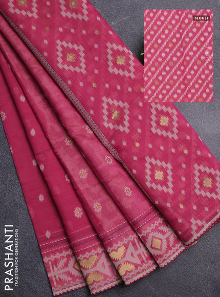 Chanderi silk cotton saree pink and cream with allover thread & zari woven buttas and jamdhani kantha stitch work border