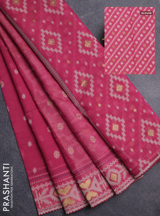 Chanderi silk cotton saree pink and cream with allover thread & zari woven buttas and jamdhani kantha stitch work border