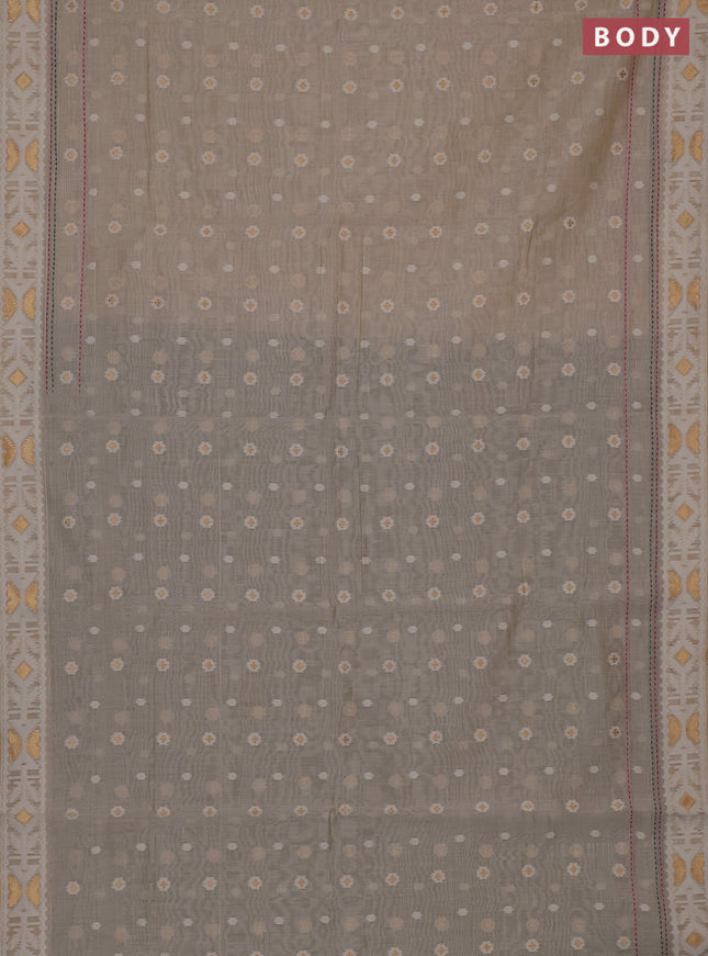 Chanderi silk cotton saree cream and green with allover thread & zari woven buttas and jamdhani kantha stitch work border