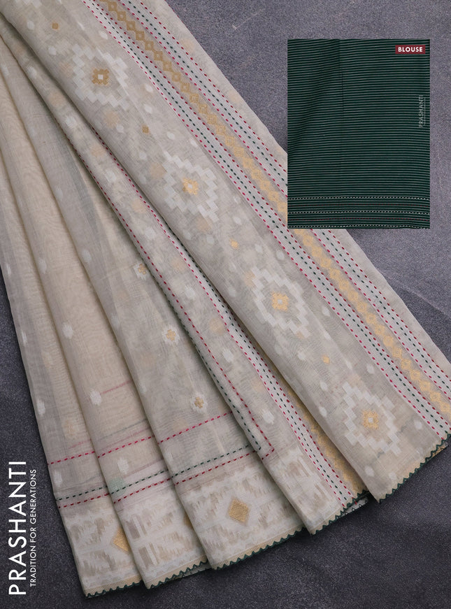 Chanderi silk cotton saree cream and green with allover thread & zari woven buttas and jamdhani kantha stitch work border
