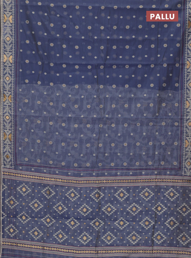 Chanderi silk cotton saree grey and cream with allover thread & zari woven buttas and jamdhani kantha stitch work border