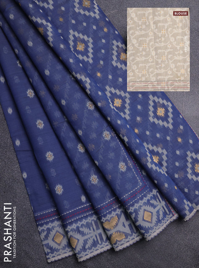 Chanderi silk cotton saree grey and cream with allover thread & zari woven buttas and jamdhani kantha stitch work border