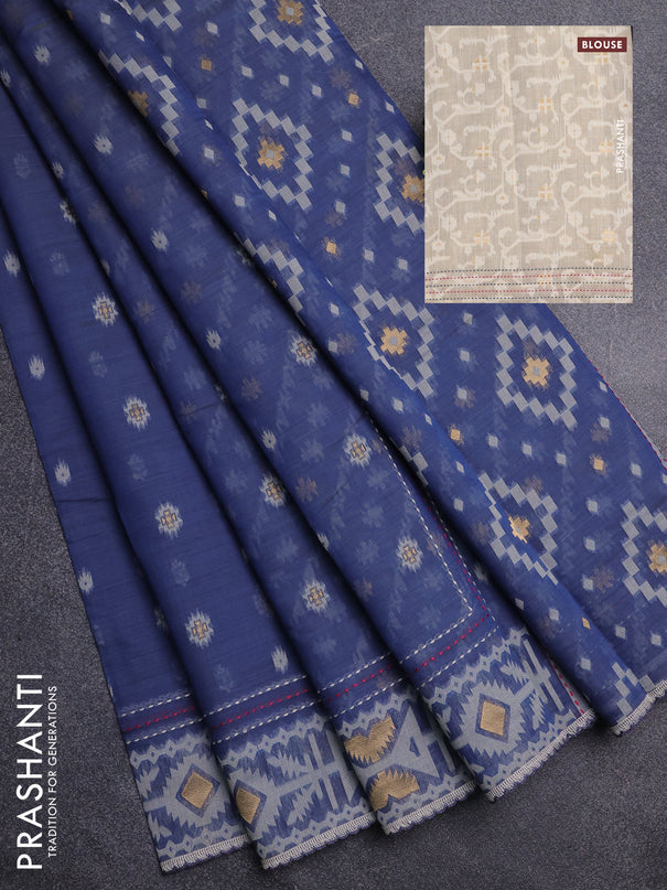 Chanderi silk cotton saree grey and cream with allover thread & zari woven buttas and jamdhani kantha stitch work border